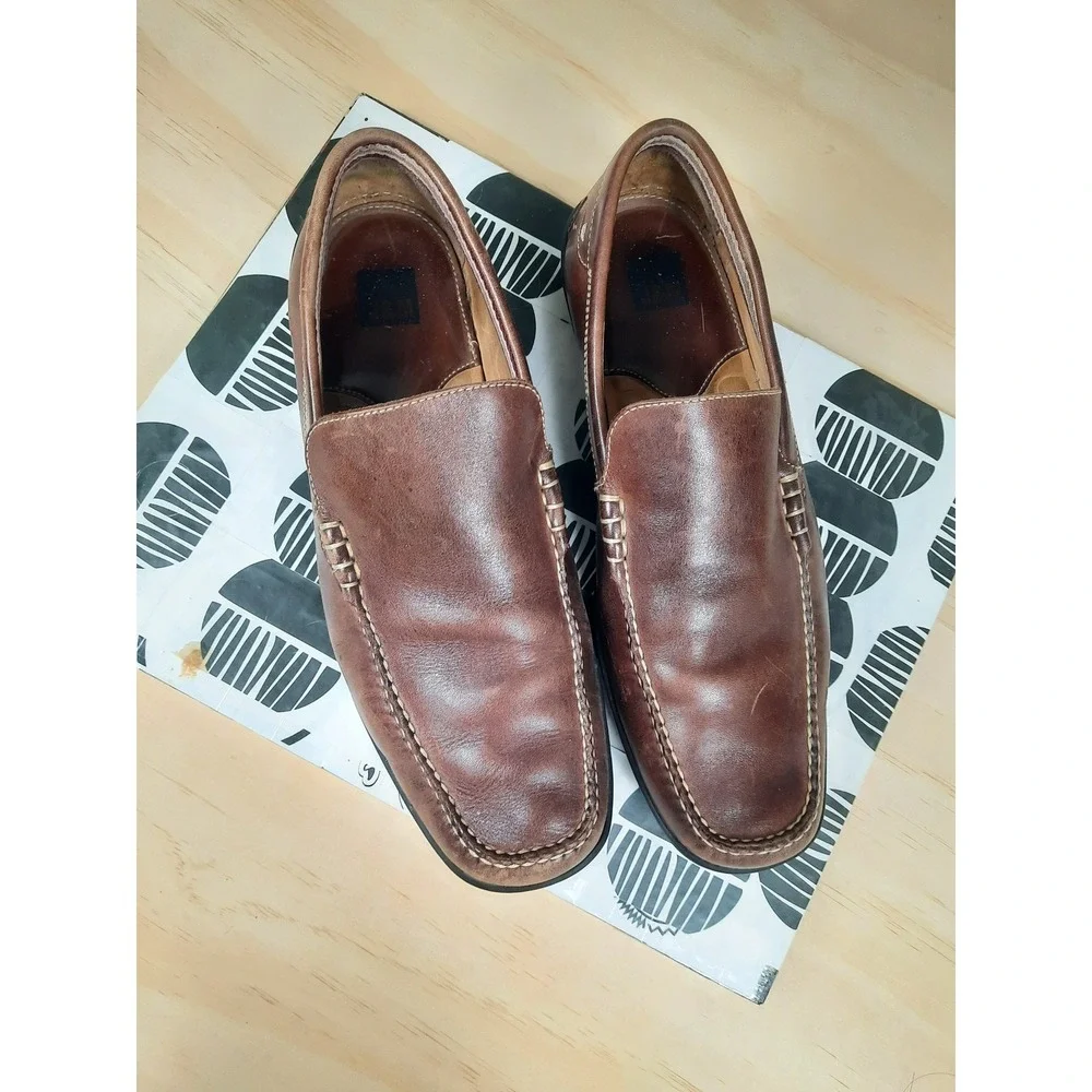Johnston & Murphy Men Brown Leather Slip On Loafers Moc Toe Shoe Brazil Size 10